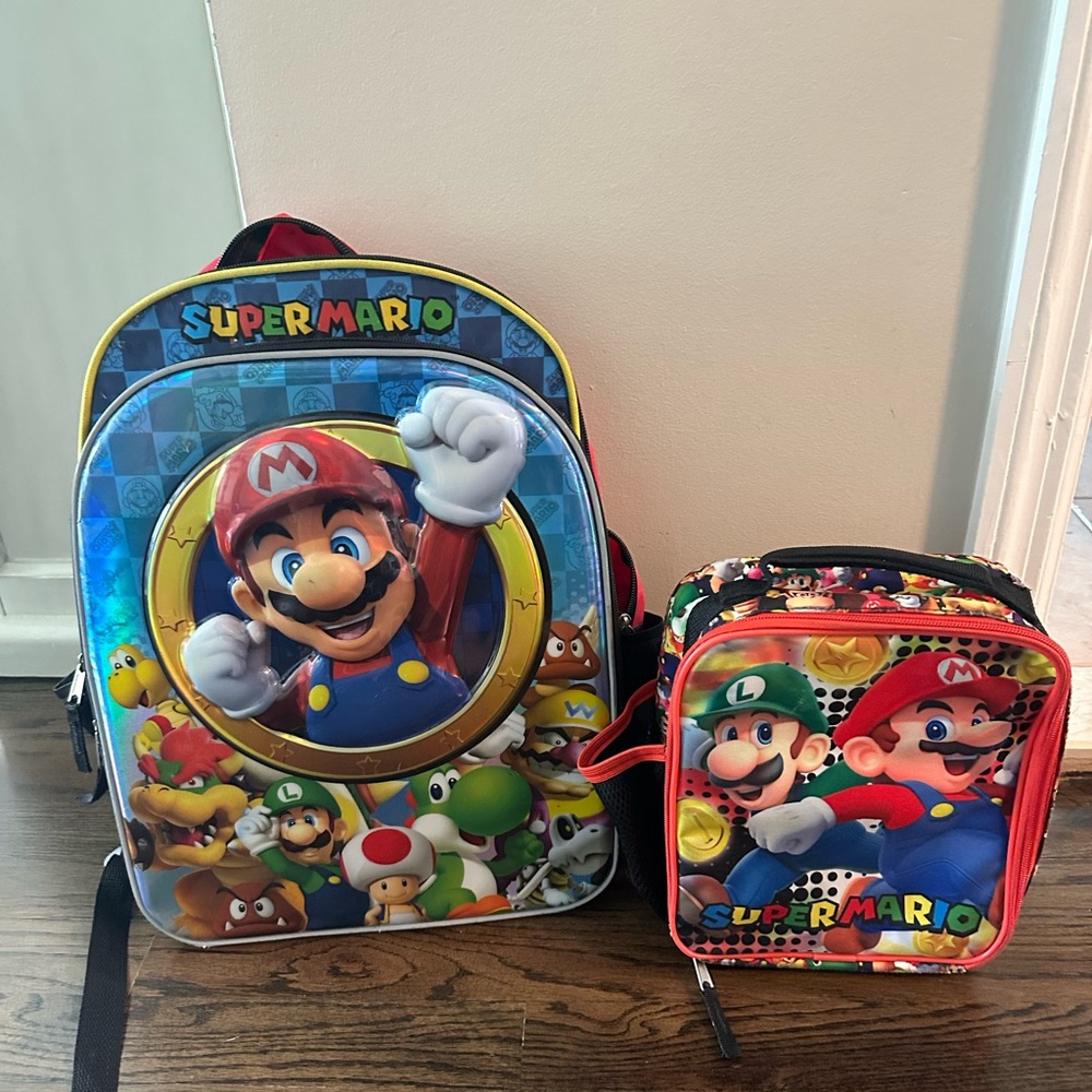 Nintendo Super Mario Blue and Red Kids Backpack and Lunch Bag Set